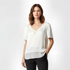 Alexander Wang Ivory Silk V-Neck Blouse with Layered Hem, Womens Size 6